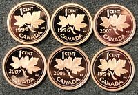 Six Canadian 1 cent proof coins front side showing maple leaf design with dates 1996, 1999, 2005, and 2007
