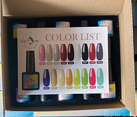 Single box opened showing multiple gel polish bottles and the included color list card with 17 color options.