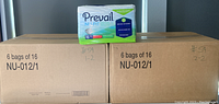 Two cardboard boxes each labeled for 6 bags of 16 count Prevail Nu-Fit Daily Briefs, Medium size 32" x 44". One pack of briefs displayed on top for reference.