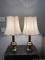 Pair of vintage brass table lamps on black storage cabinet, showing overall appearance with shades on.