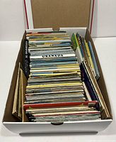 Shoebox filled with postcards, front view