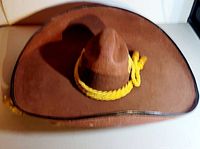 Top view of a brown woven straw sombrero hat with a prominent yellow braided cord wrapped around the crown.