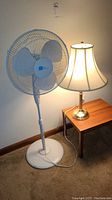 Standing fan and table lamp positioned on beige carpeted floor against wall, showing full height and setup
