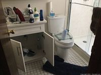 Bathroom sink and vanity with various cleaning supplies on top and inside cabinet open. Toilet with items on seat. Dark blue bathroom mat on floor.