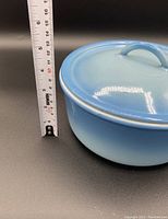 Side view of blue cast iron enamel pot with lid and wooden handle, measuring approximately 8 inches diameter and 3.5 inches height.