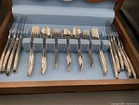 Top-down view showing knives, forks, and spoons packed inside wooden box with blue fabric lining.