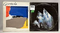 Two Genesis vinyl record albums side by side, one with abstract colored artwork and the other with concert stage photo cover.