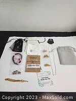 Overview of the entire lot including all jewelry pieces and storage pouch.