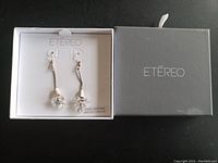 Full view of the earrings in original gray Etereo box, showing drop design and cubic zirconia clusters at ends.