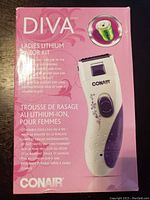 Front of the Conair Diva ladies lithium razor kit box showing product image and branding.
