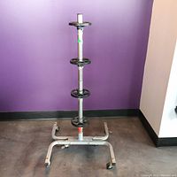 Overall view of the metal tire rack standing against a purple wall, showing full height and structure.
