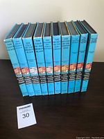 Ten Hardy Boys hardcover books standing upright in a row, showing spines with blue covers and series logo.