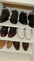 Shelf with multiple pairs of men's shoes including lace-up, oxford, and loafers in various colors, mostly leather.