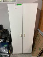 Front view of white closed cabinet with two vertical doors and handles, showing size and general exterior condition.