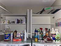 Shelf with various cleaning and household products including citrus cleaner, laundry supplies, and boxed light bulbs