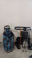 Photo of full lot showing walker, shopping trolley, and canes against a white wall.