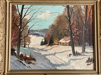 Full frontal view of framed oil painting featuring snow-covered landscape with cabin and trees.