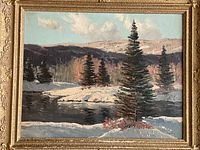Frontal view of entire framed painting showing winter landscape scene