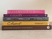 Stacked spines of five fashion-related books showing titles and authors/publishers.