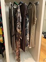 Five dresses hanging on rail in closet