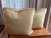 Two gold down-filled throw cushions seen from the back showing smooth fabric and piping.