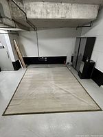 Full view of the neutral beige carpet laid flat showing overall size and shape on concrete floor