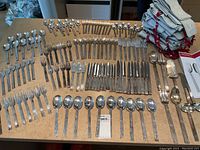 Overall layout of flatware arranged by type on countertop