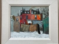 Frontal view of framed painting showing full artwork and mat