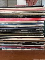Stack of around 46 LaserDiscs showing various titles and sleeve designs.