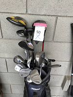 Multiple clubs in a Titleist stand bag leaning against wall