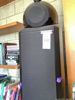 Tall black floorstanding speaker with cloth grille and spherical tweeter housing on top