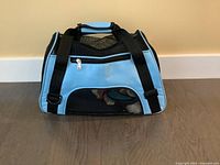 Light blue and black pet carrier showing mesh front window containing several multicolored plush and rope pet toys inside.