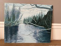 Full photo of the oil on board painting showing the river scene with trees and branches.