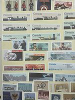 First photo showing a variety of Canadian postage stamps arranged in rows, featuring military figures, trains, ships, and landscapes with multiple denominations.