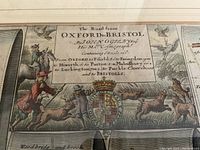 Close-up of title cartouche reading 'The Road from Oxford to Bristol by John Ogilby Esq.' with decorative hunting scene and royal crest.