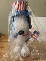 Frontal view of the Snoopy plush, showing the full height, hat, flag, and scarf, inside protective plastic.
