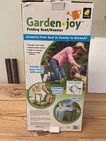 Photo of the Garden Joy box showing product name, features, and images demonstrating usage as seat and kneeler for gardening.