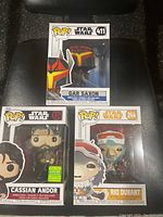 Boxed Star Wars Funko Pop figures: Gar Saxon, Cassian Andor with limited edition sticker, Rio Durant