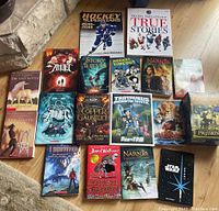 Full set of 22 books displayed on floor showing various titles, cover artwork and genres.