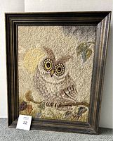 Full view of framed needle punch owl artwork showing complete design and frame.