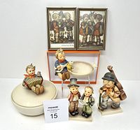 Photo of all items in the lot showing figurines, ashtray, covered dish, and framed prints