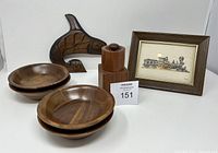 Full lot view with four wooden bowls, salt and pepper grinder, framed train artwork, and killer whale wooden art