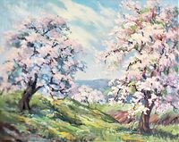 Close-up of painting showing apple blossom trees and sky