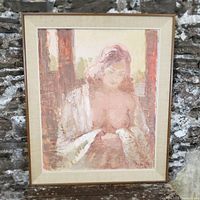 Frontal view of framed oil painting depicting a semi-nude female in soft pastel shades with original frame and linen mat.