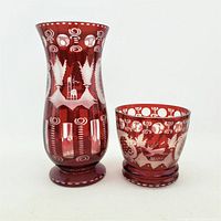Pair of antique ruby cut-to-clear Bohemian glass vases side by side, showing height difference and cut detail