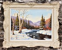 Full view of the framed winter landscape painting showing composition, signature, and frame details.