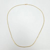 Full view of gold chain necklace stretched flat on white background
