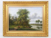 Full view of framed oil painting showing pastoral landscape scene