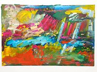 Frontal view of abstract acrylic painting on white Arches paper, unframed, vibrant colors