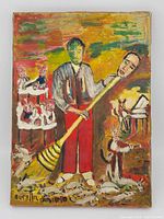 Full view of signed oil on canvas showing central figure holding broom